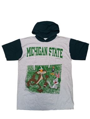 1994 Michigan State Looney Tunes Football Hooded Tee - White & Dark Green